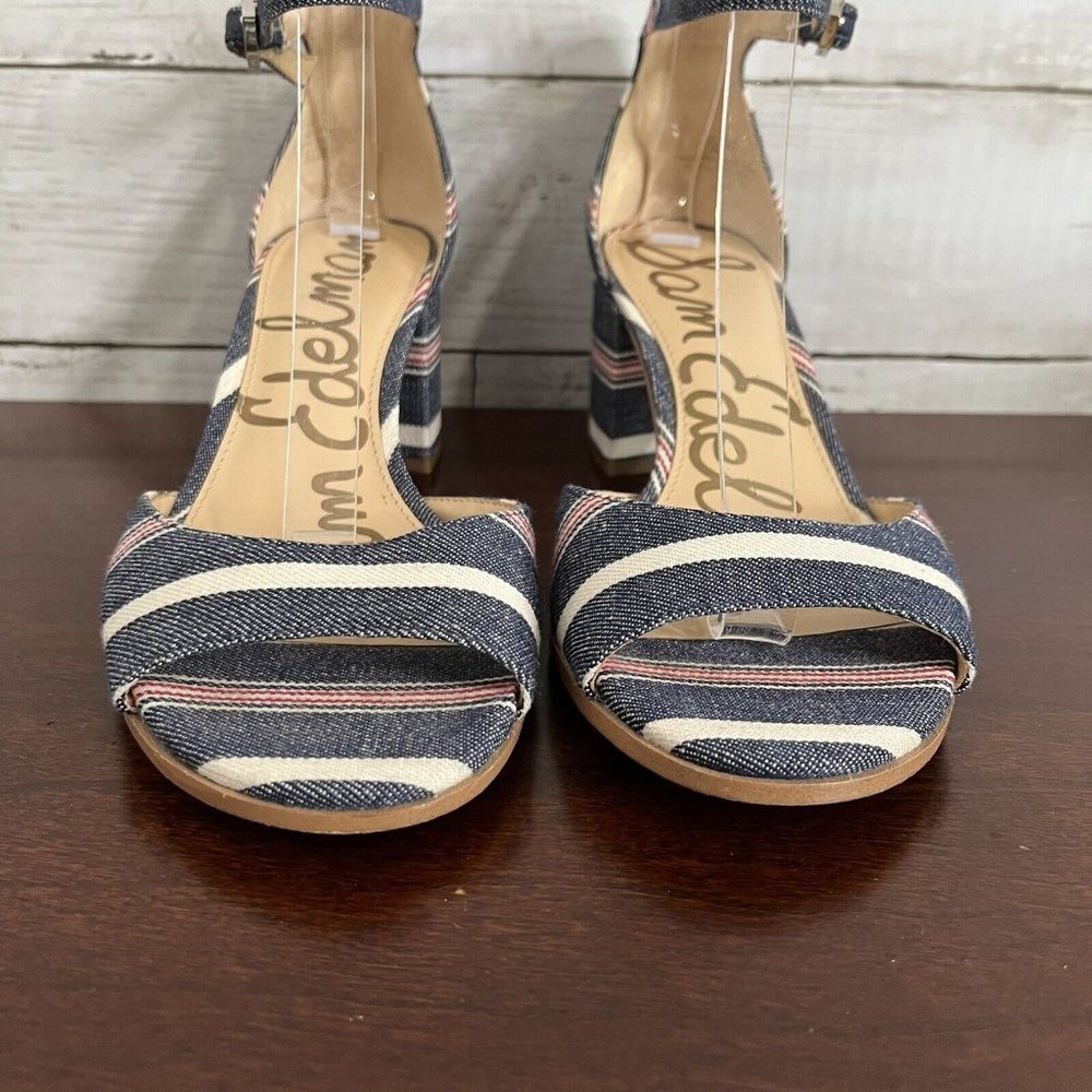 Sam Edelman Women's Denim Stripe Susie Ankle Buckle Heels 7.5 M Red White Blue - Picture 5 of 11